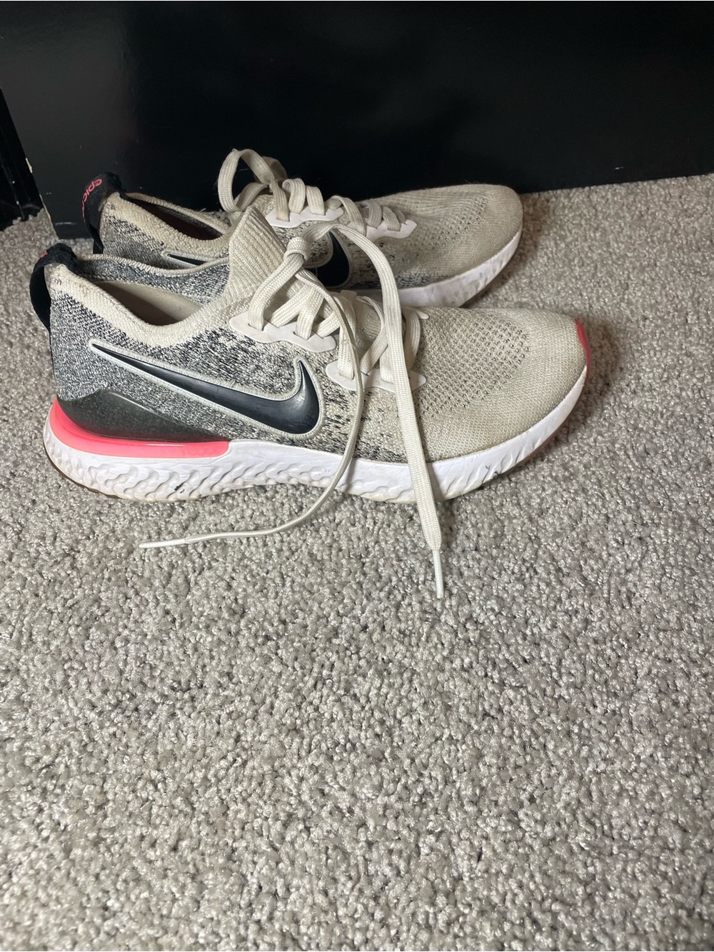 Nike Cream Knit Running Shoes with Black Swoosh and Coral Highlights